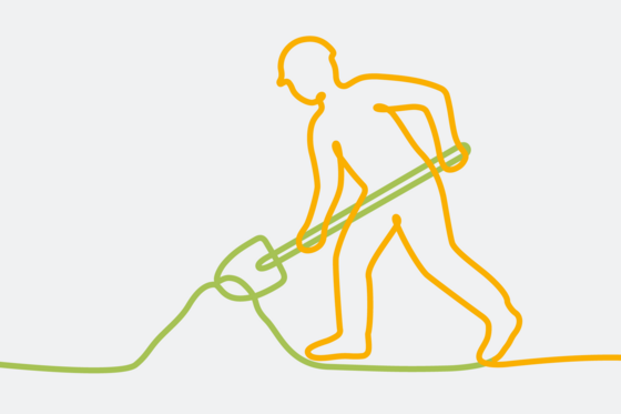 Grafische Darstellung eines Arbeiters mit Schaufel und Erdaushub als orange-grüne Bändergrafik, Meisterbetrieb Heizung, Wasser, Malerarbeiten, Ausbildung Handwerk, Werkstück, Berlin, Berlin-Wannsee Grafische Darstellung eines Arbeiters mit Schaufel und Erdaushub als orange-grüne Bändergrafik