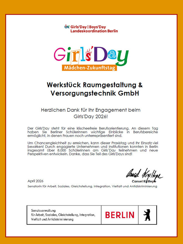 Danksagung der Senatsverwaltung zum Gilr´s Day 2026 für die Werkstück Raumgestaltungs- und Versorgungstechnik GmbH