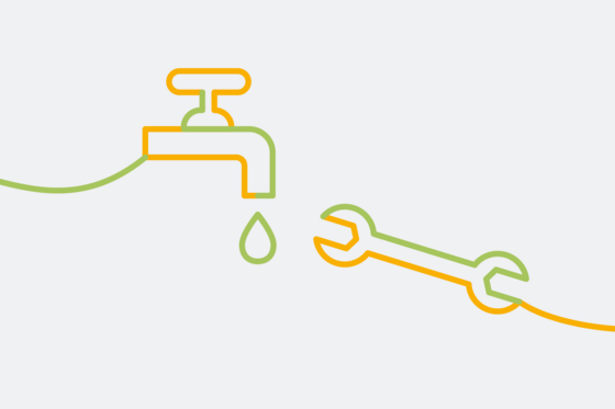 Grafische Darstellung eines tropfenden Wasserhahns und eines Schraubschlüssels als orange-grüne Bändergrafik, Meisterbetrieb Heizung, Wasser, Malerarbeiten, Ausbildung Handwerk, Werkstück, Berlin, Berlin-Wannsee Grafische Darstellung eines tropfenden Wasserhahns und eines Schraubschlüssels als orange-grüne Bändergrafik