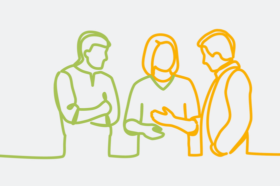 Grafische Darstellung von drei nebeneinander stehenden Personen in einem Gespräch als orange-grüne Bändergrafik, Meisterbetrieb Heizung, Wasser, Malerarbeiten, Ausbildung Handwerk, Werkstück, Berlin, Berlin-Wannsee Grafische Darstellung von drei nebeneinander stehenden Personen in einem Gespräch als orange-grüne Bändergrafik
