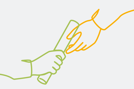 Grafische Darstellung von zwei Händen bei der Übergabe eines Staffelstabs als orange-grüne Bändergrafik, Meisterbetrieb Heizung, Wasser, Malerarbeiten, Ausbildung Handwerk, Werkstück, Berlin, Berlin-Wannsee Grafische Darstellung von zwei Händen bei der Übergabe eines Staffelstabs als orange-grüne Bändergrafik